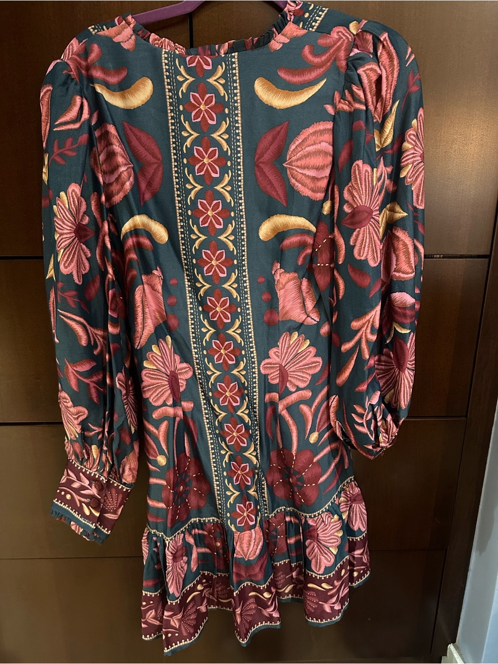 FARM Rio Teal Floral V-Neck Dress with Pink and Burgundy Accents - Picture 2 of 2
